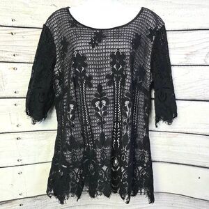 Chicwe Black Floral Lace Overlay Top 1X